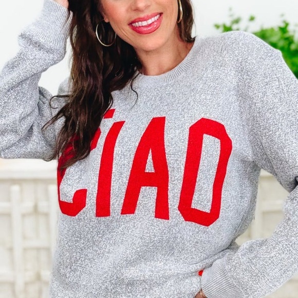 Southern Bliss Tops - Gray Sweater with Red 'CIAO' Print